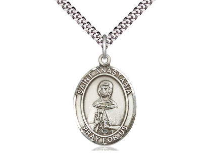 Sterling Silver St Anastasia Pendant on a 24 inch Light Rhodium Heavy Curb Chain