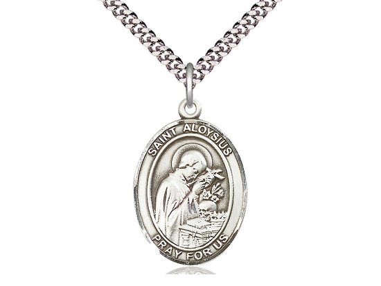 Sterling Silver St Aloysius Gonzaga Pendant on a 24 inch Light Rhodium Heavy Curb Chain.