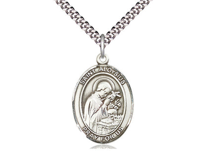 Sterling Silver St Aloysius Gonzaga Pendant on a 24 inch Light Rhodium Heavy Curb Chain.