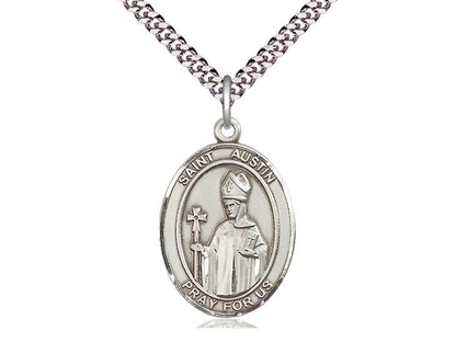 Sterling silver St. Austin pendant on 24-inch light rhodium heavy curb chain with detailed religious design