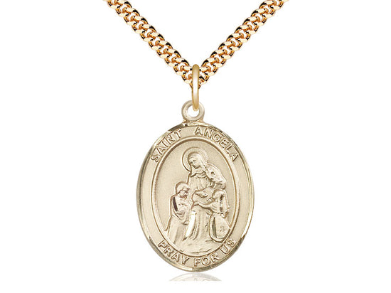14kt Gold Filled St Angela Merici Pendant on a 24 inch Gold Plate Heavy Curb Chain.
