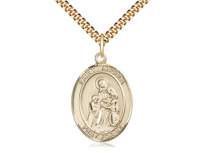 14kt Gold Filled St Angela Merici Pendant on a 24 inch Gold Plate Heavy Curb Chain.