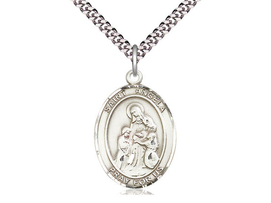 Sterling Silver St Angela Merici Pendant on a 24 inch Light Rhodium Heavy Curb Chain.