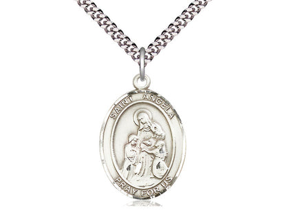 Sterling Silver St Angela Merici Pendant on a 24 inch Light Rhodium Heavy Curb Chain.