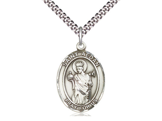 Sterling Silver St. Aedan of Ferns Pendant on a 24 inch Light Rhodium Heavy Curb Chain