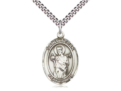 Sterling Silver St. Aedan of Ferns Pendant on a 24 inch Light Rhodium Heavy Curb Chain