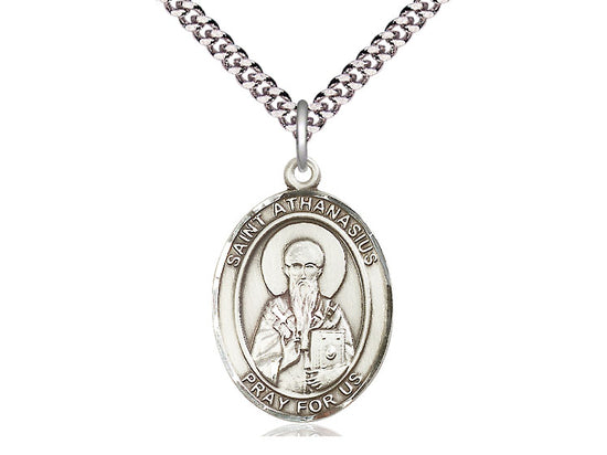 Sterling silver St. Athanasius pendant on 24-inch heavy curb chain with detailed saint image and prayer inscription.