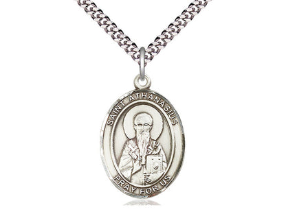 Sterling silver St. Athanasius pendant on 24-inch heavy curb chain with detailed saint image and prayer inscription.