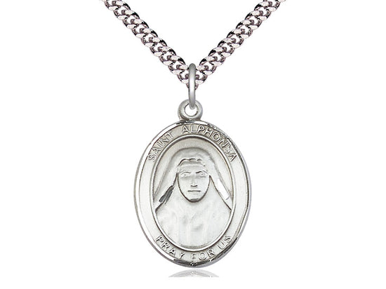 Sterling Silver St. Alphonsa Pendant on a 24 inch Light Rhodium Heavy Curb Chain