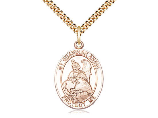 Colgante de protector de ángel guardián lleno de oro de 14kt en una cadena llena de oro