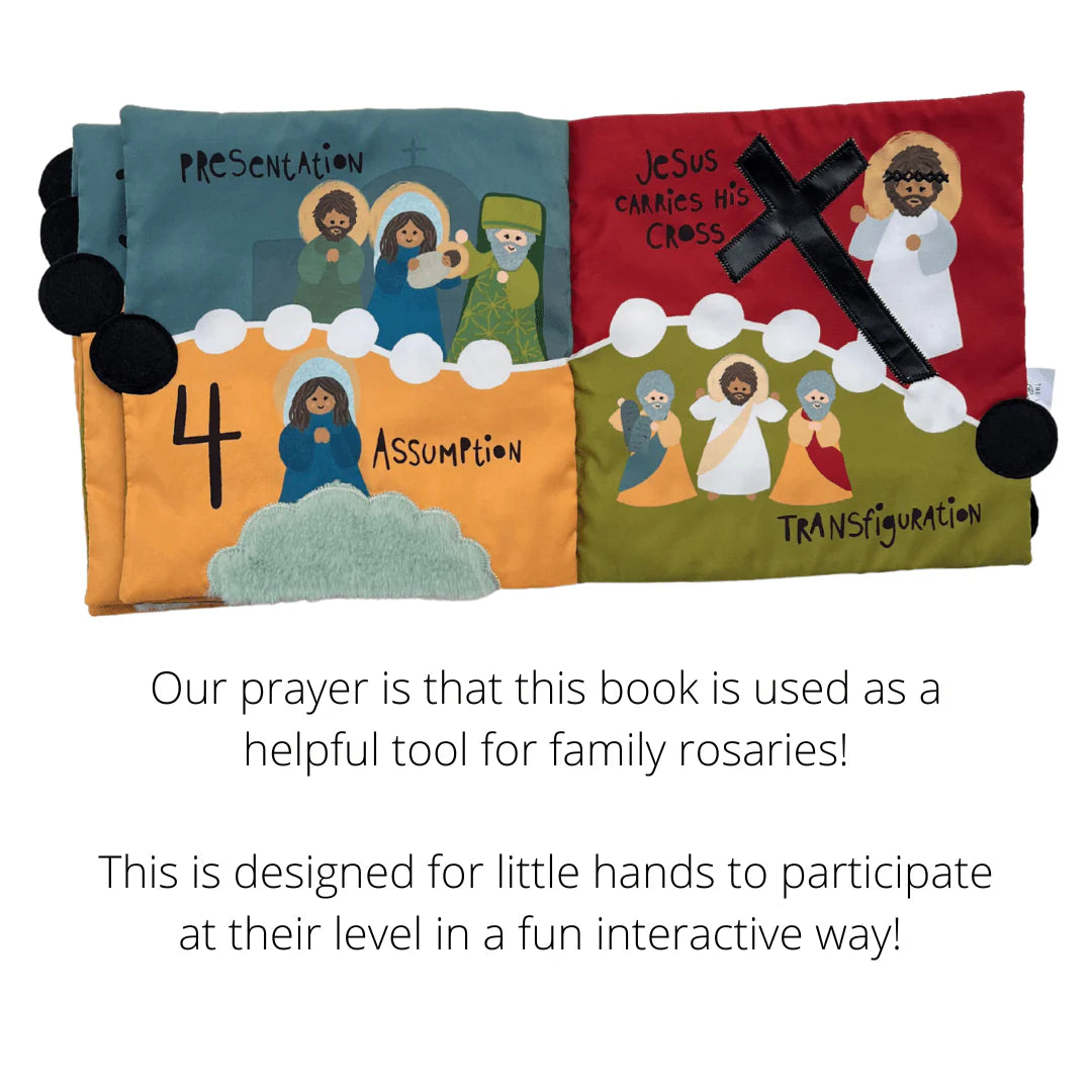 Fabric quiet book pages showing illustrated rosary mysteries with felt clouds and cross for toddlers learning prayers