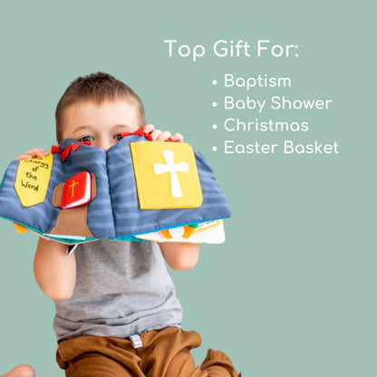 Child holding a soft Catholic Mass Quiet Book with Bible and cross designs against blue background with gift occasion text