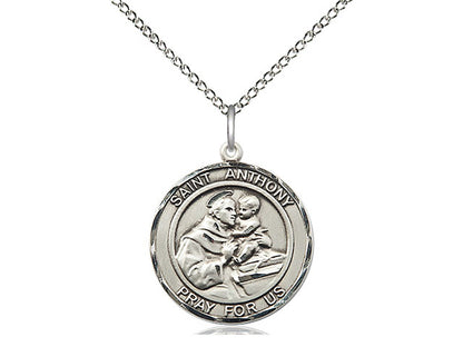 Sterling silver St. Anthony pendant with detailed relief on 24-inch light rhodium heavy curb chain, 1-inch size.