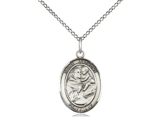 Sterling silver St. Anthony pendant featuring detailed saint image with child, 1-inch oval medal on 24-inch curb chain