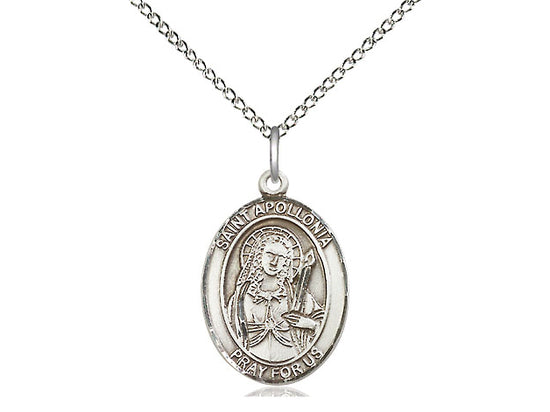 Sterling silver St. Apollonia pendant with detailed engraving on a 24-inch light rhodium heavy curb chain.