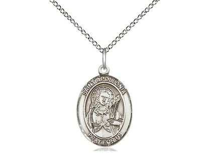 Sterling silver St. Apollonia pendant with detailed engraving on a 24-inch light rhodium heavy curb chain.