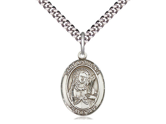 Colgante de plata esterling st apolonia en una cadena de acera pesada de rodio de rodio de 24 pulgadas.