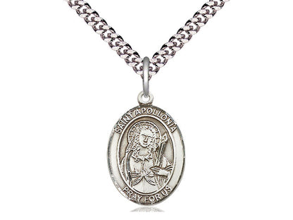 Colgante de plata esterling st apolonia en una cadena de acera pesada de rodio de rodio de 24 pulgadas.