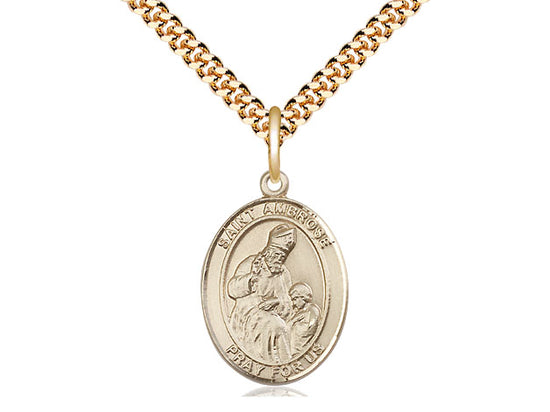14kt Gold Filled St Ambrose Pendant on a 24 inch Gold Plate Heavy Curb Chain