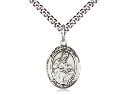 Colgante de plata esterlina ST Ambrose en una cadena de acera pesada de rodio ligero de 24 pulgadas.
