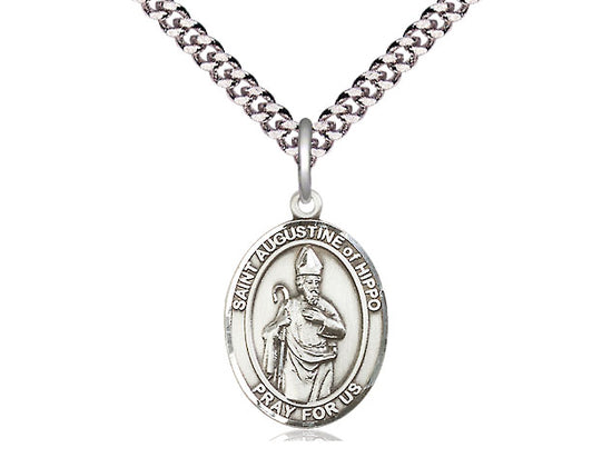 Sterling Silver St Augustine of Hippo Pendant on a 24 inch Light Rhodium Heavy Curb Chain