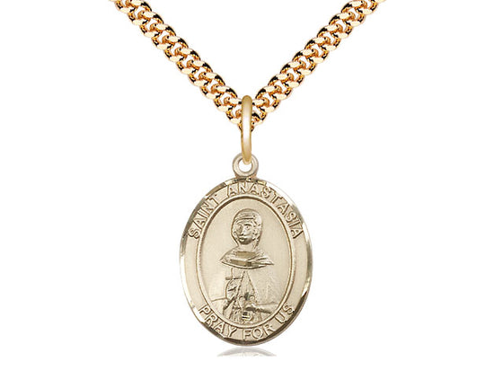 14kt Gold Filled St Anastasia Pendant on a 24 inch Gold Plate Heavy Curb Chain.  Medal Size