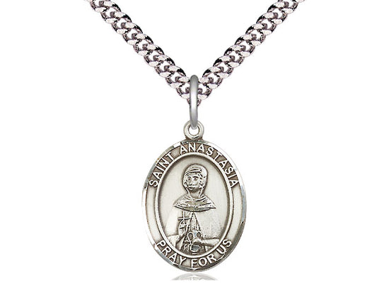 Sterling Silver St Anastasia Pendant on a 24 inch Light Rhodium Heavy Curb Chain