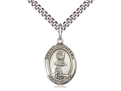 Sterling Silver St Anastasia Pendant on a 24 inch Light Rhodium Heavy Curb Chain