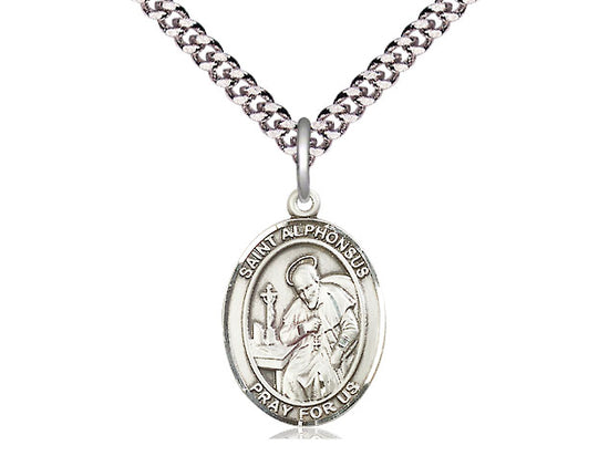 Sterling Silver St. Alphonsus Pendant on a 24 inch Light Rhodium Heavy Curb Chain