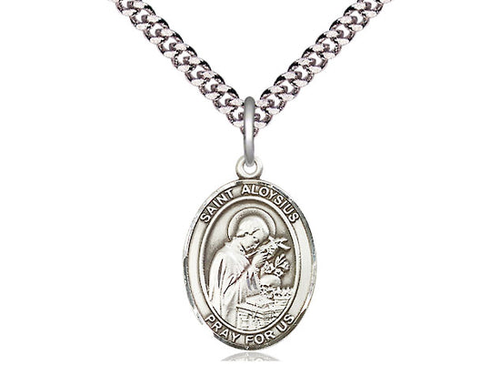 Sterling Silver St Aloysius Gonzaga Pendant on a 24 inch Light Rhodium Heavy Curb Chain.
