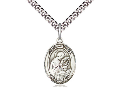 Sterling Silver St Aloysius Gonzaga Pendant on a 24 inch Light Rhodium Heavy Curb Chain.