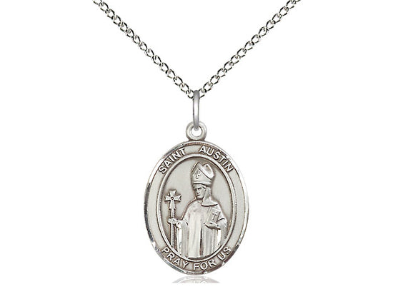 Sterling silver St. Austin pendant with detailed saint image on 1-inch medal, hanging on 24-inch rhodium curb chain.