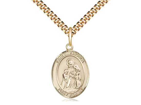 14kt Gold Filled St Angela Merici Pendant on a 24 inch Gold Plate Heavy Curb Chain.