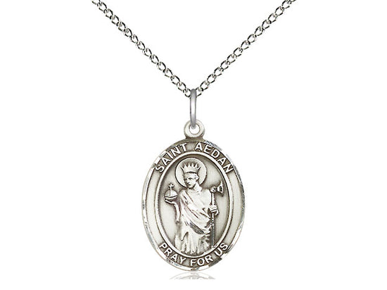 Sterling Silver St. Aedan of Ferns Pendant on a 24 inch Light Rhodium Heavy Curb Chain