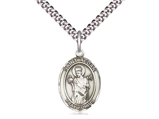 Sterling Silver St. Aedan of Ferns Pendant on a 24 inch Light Rhodium Heavy Curb Chain