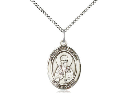 Sterling silver St. Athanasius pendant with detailed saint image and 24-inch light rhodium heavy curb chain.