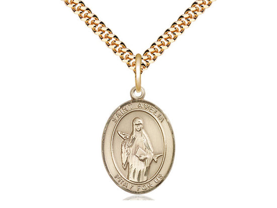 14kt Gold Filled St. Amelia Pendant on a 24 inch Gold Plate Heavy Curb Chain
