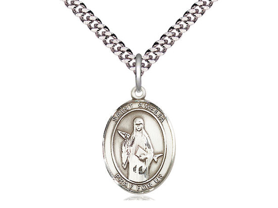 Sterling Silver St. Amelia Pendant on a 24 inch Light Rhodium Heavy Curb Chain