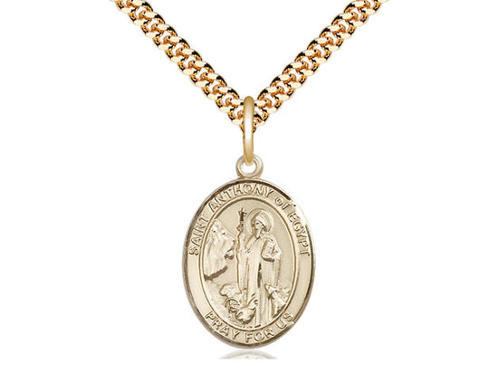 Colgante ST Anthony de Egipto relleno de oro de 14kt en una cadena de acera pesada en una placa de oro de 24 pulgadas.