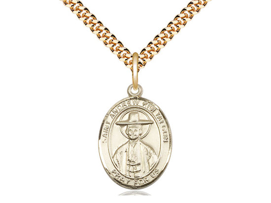14kt Gold Filled St Andrew Kim Taegon Pendant on a 24 inch Gold Plate Heavy Curb Chain