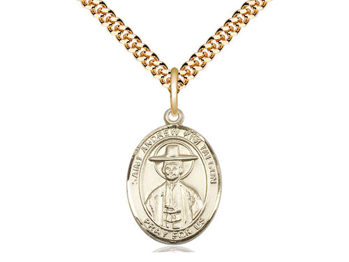 Colgante de ST Andrew Kim Taegon relleno de oro de 14kt en una cadena de acera pesada de placa de oro de 24 pulgadas.