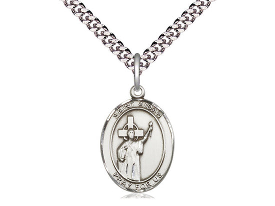 Sterling Silver St. Aidan of Lindesfarne Pendant on a 24 inch Light Rhodium Heavy Curb Chain.