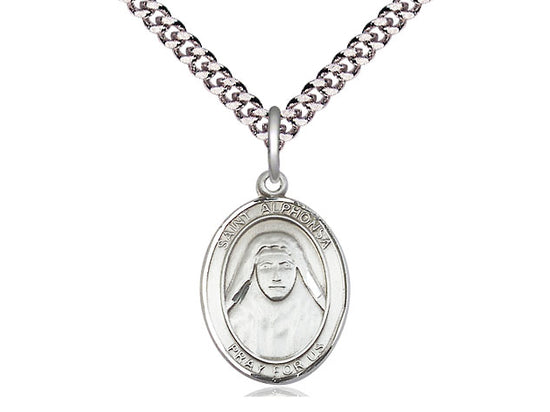 Sterling Silver St. Alphonsa Pendant on a 24 inch Light Rhodium Heavy Curb Chain