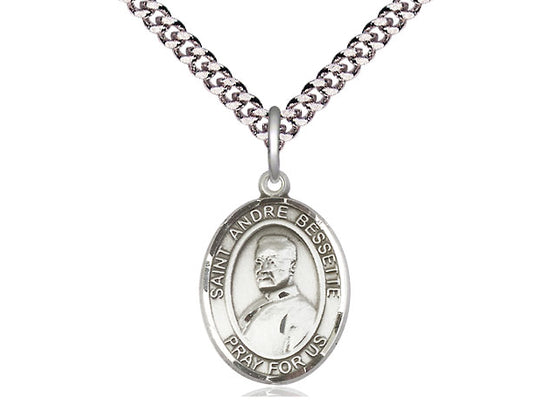 Sterling Silver St. Andre Bessette Pendant on a 24 inch Light Rhodium Heavy Curb Chain
