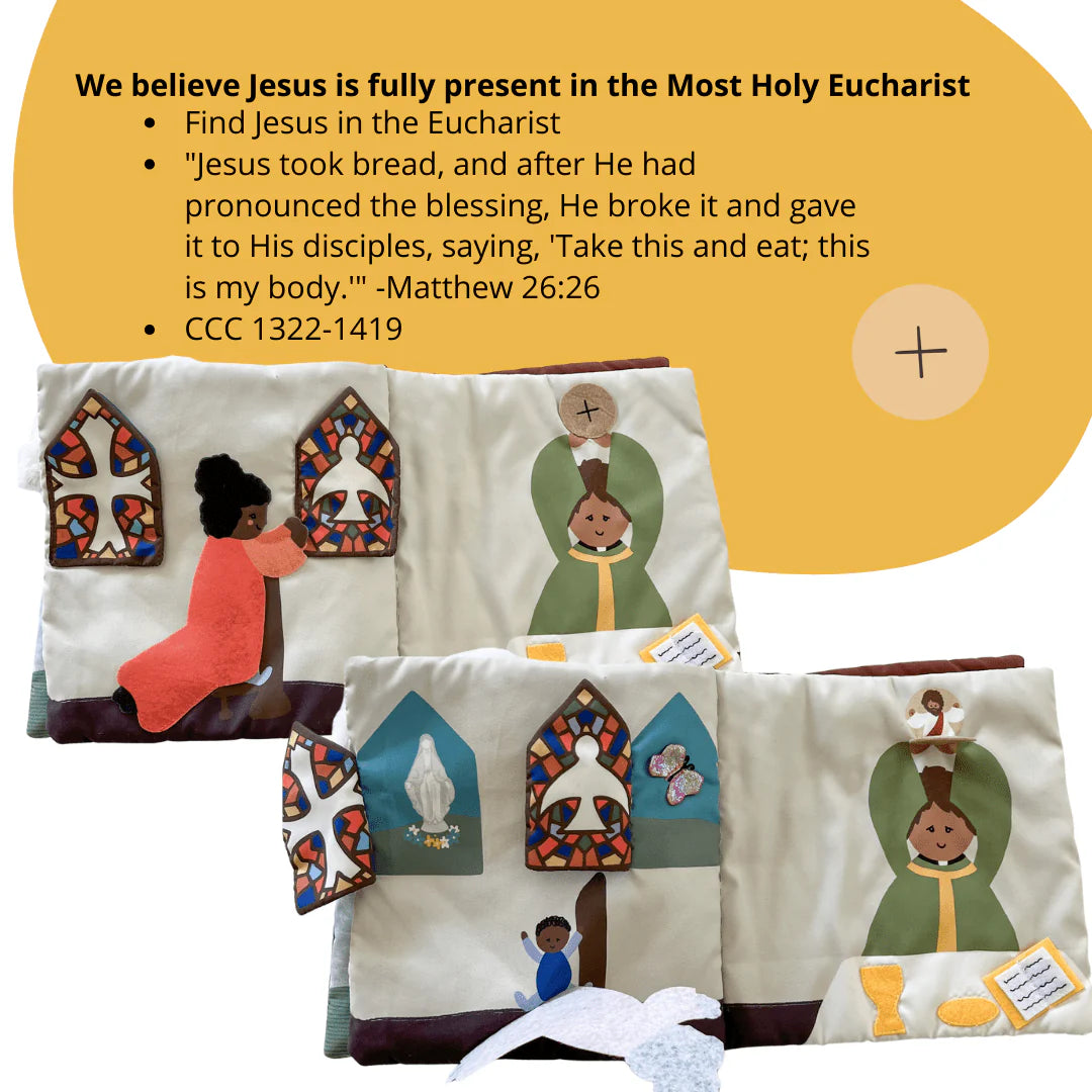 Soft fabric "Where is Jesus" Mass quiet book with illustrated children, Eucharist symbols, and interactive flaps