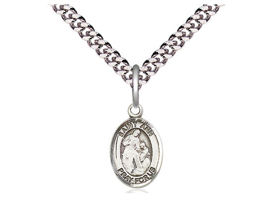Sterling Silver St Ann Pendant on a 24 inch Light Rhodium Heavy Curb Chain.