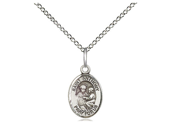 Sterling silver St. Anthony pendant with detailed engraving on 1-inch medal, hanging from 24-inch rhodium curb chain