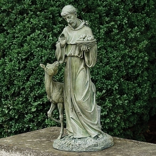 25.5-inch St. Francis garden statue with detailed robe and peaceful deer, perfect for outdoor spiritual decor