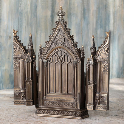 8" Gothic-style bronze triptych statue with detailed architectural panels and pointed arch design closed view