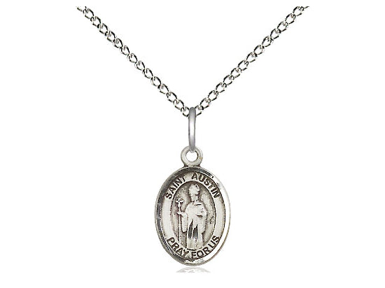 Sterling silver St. Austin pendant with detailed figure on 24-inch light rhodium heavy curb chain, 1 inch medal.